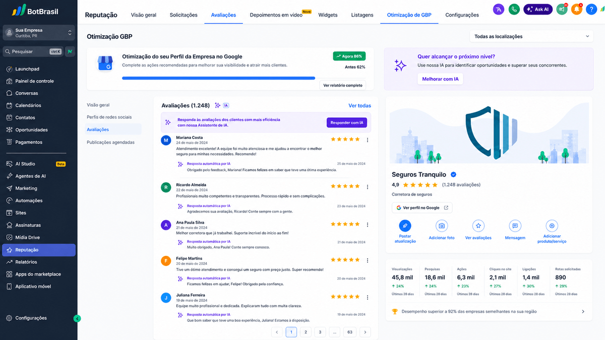 Avaliações Google automáticas + gestão de reputação